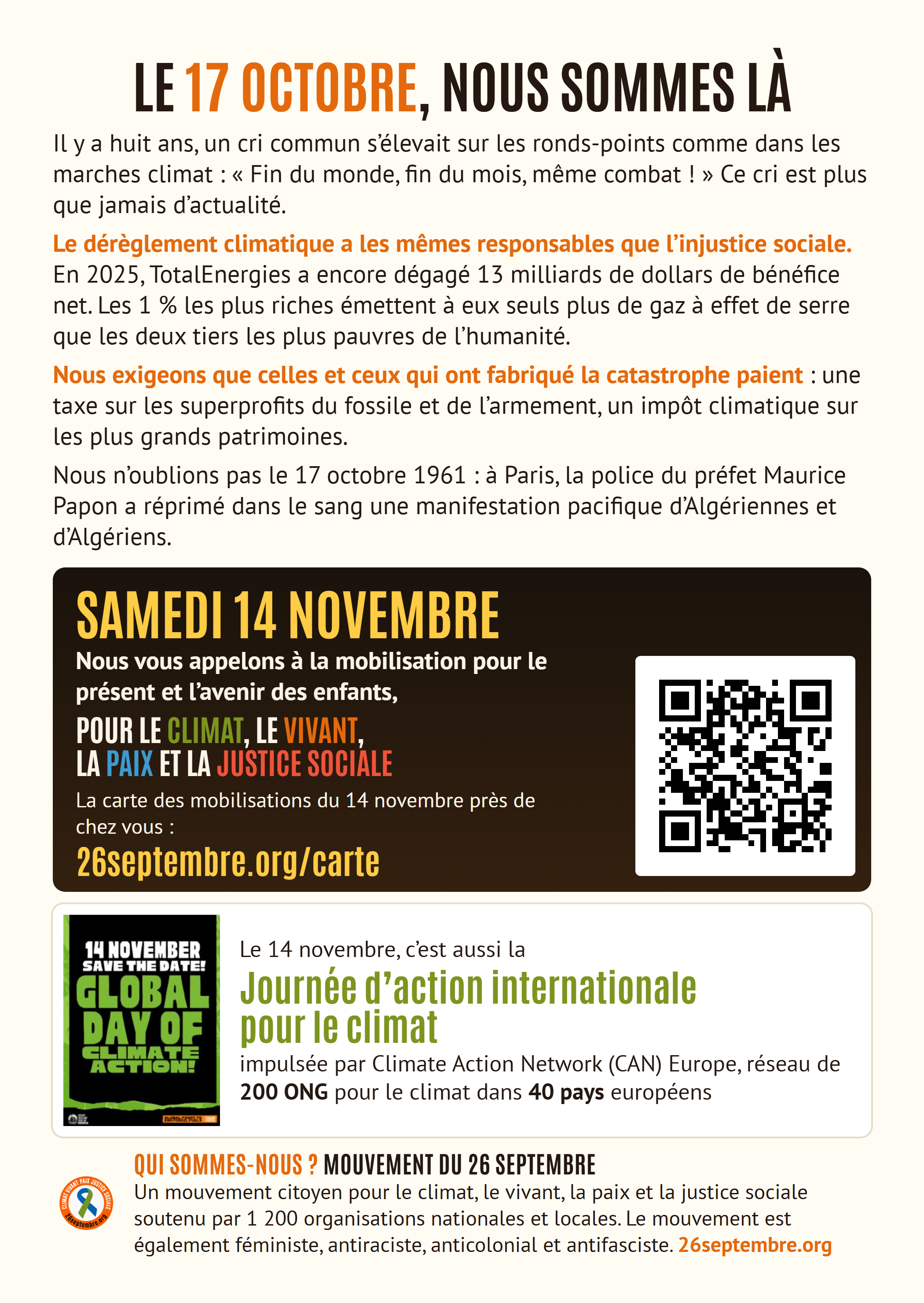 Verso du tract : Le 17 octobre, nous sommes là, et l’appel au 14 novembre
